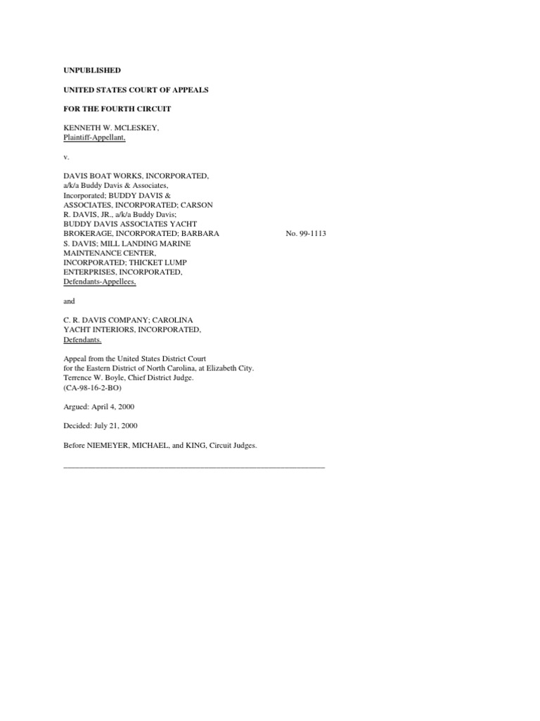 McLeskey v. Davis Boat Works Inc, 4th Cir. (2000) PDF Piercing The