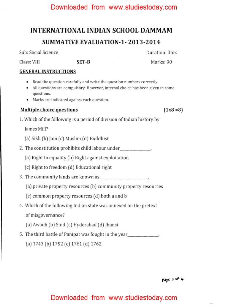Cbse class 8 social science question paper sa1 2014 pdf