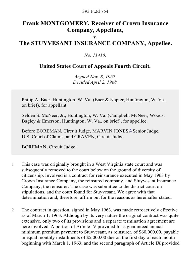 Frank Montgomery, Receiver of Crown Insurance Company v. The Stuyvesant