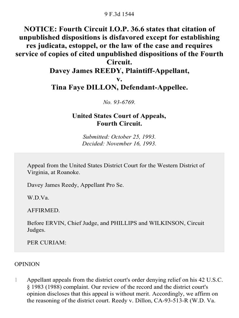 Davey James Reedy v. Tina Faye Dillon, 9 F.3d 1544, 4th Cir. (1993 ...