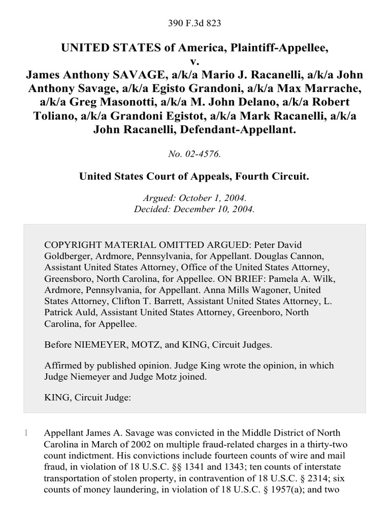 United States v. James Anthony Savage, A/K/A Mario J. Racanelli, A/K/A ...