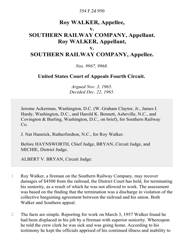 Roy Walker v. Southern Railway Company, Roy Walker v. Southern Railway