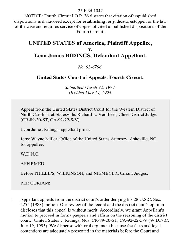United States v. Leon James Ridings, 25 F.3d 1042, 4th Cir. (1994) | PDF