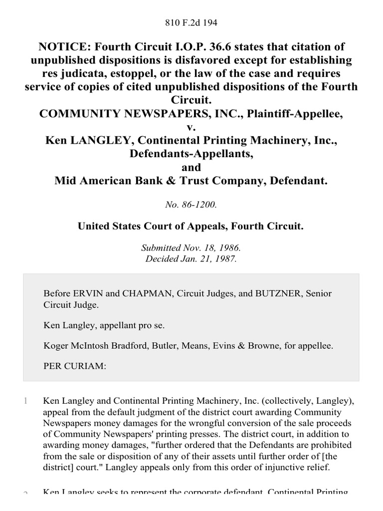 Community Newspapers, Inc. v. Ken Langley, Continental Printing MacHinery Inc., and Mid American