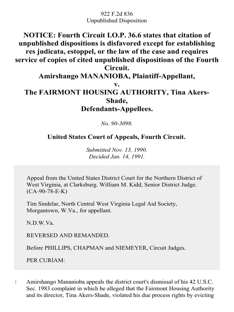 Amirshango Mananioba v. The Fairmont Housing Authority, Tina Akers