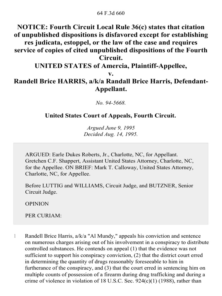 United States of Amercia v. Randell Brice Harris, A/K/A Randall Brice