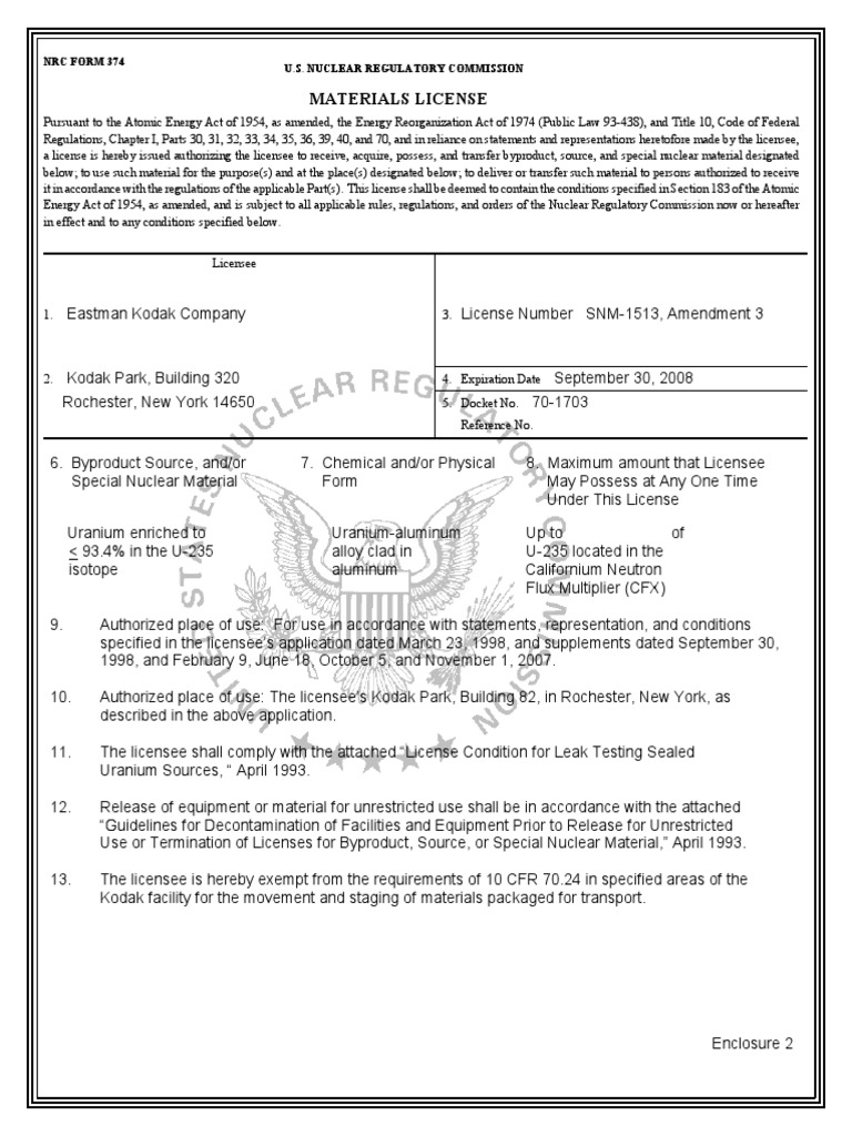 NRC Materials License SNM-1513 Details | PDF | Radioactive ...