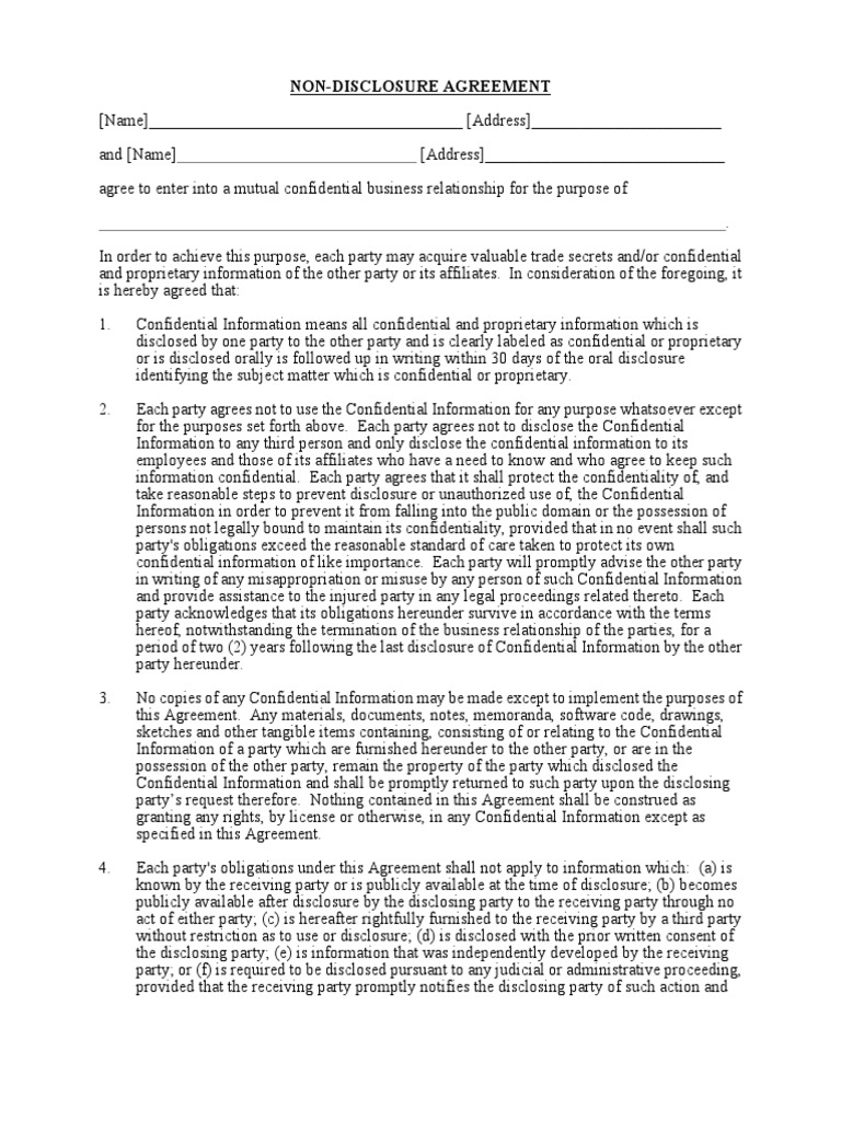 Non Disclosure Agreement Mutual Generic Blank | Non Disclosure ...