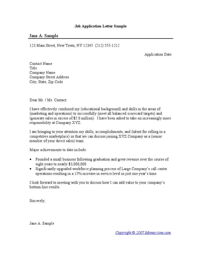 a sample job application letter