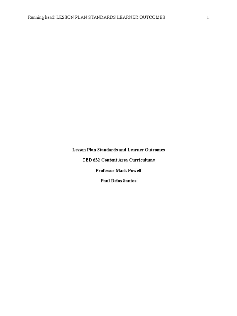 Running Head: Lesson Plan Standards Learner Outcomes 1 | PDF | Virtual ...