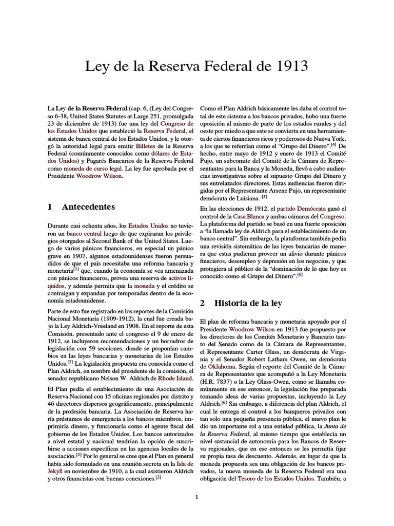 Ley de La Reserva Federal de 1913 PDF Ley de la Reserva Federal