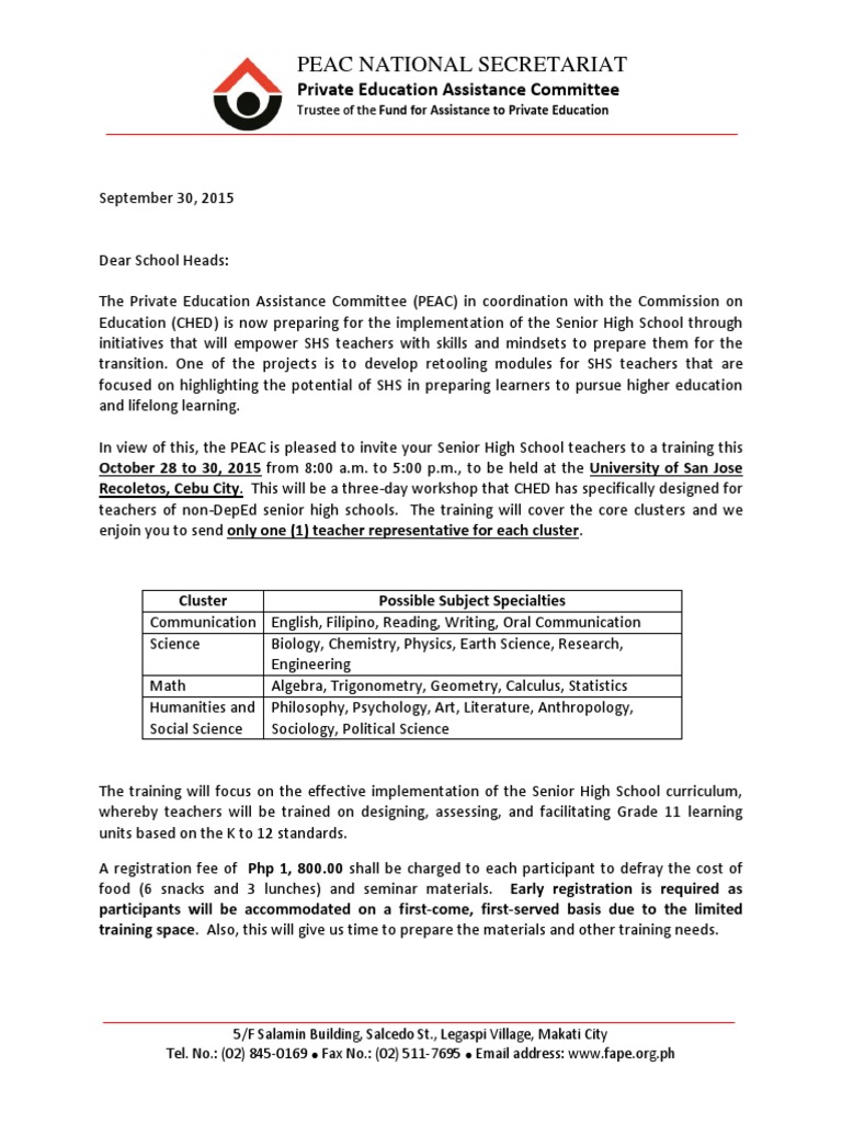 Letter To SHS Institutions - Region 7 and 8 | PDF | Secondary School ...