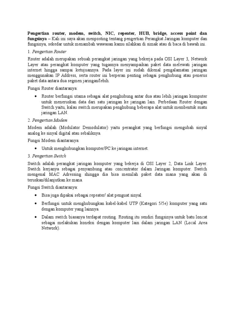 Pengertian Router, Modem, Switch, NIC, Repeater, HUB, Bridge, Access