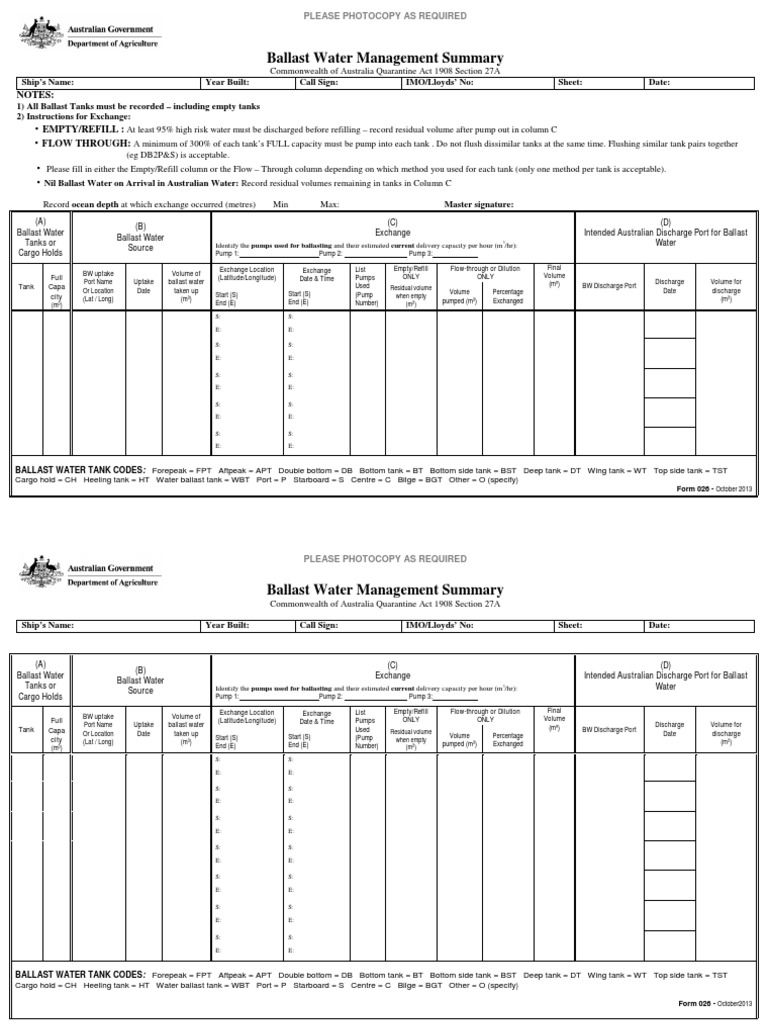 Ballast Water Management Summary Sheet Ships Watercraft