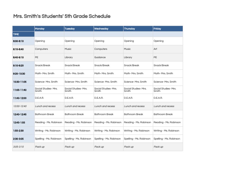 5th Grade Weekly Class Schedule | PDF