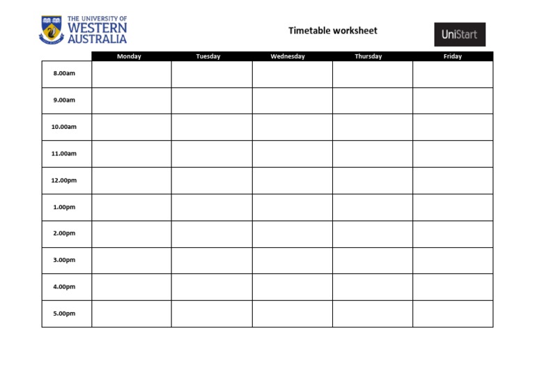 Timetable Worksheet: Monday Tuesday Wednesday Thursday Friday | PDF