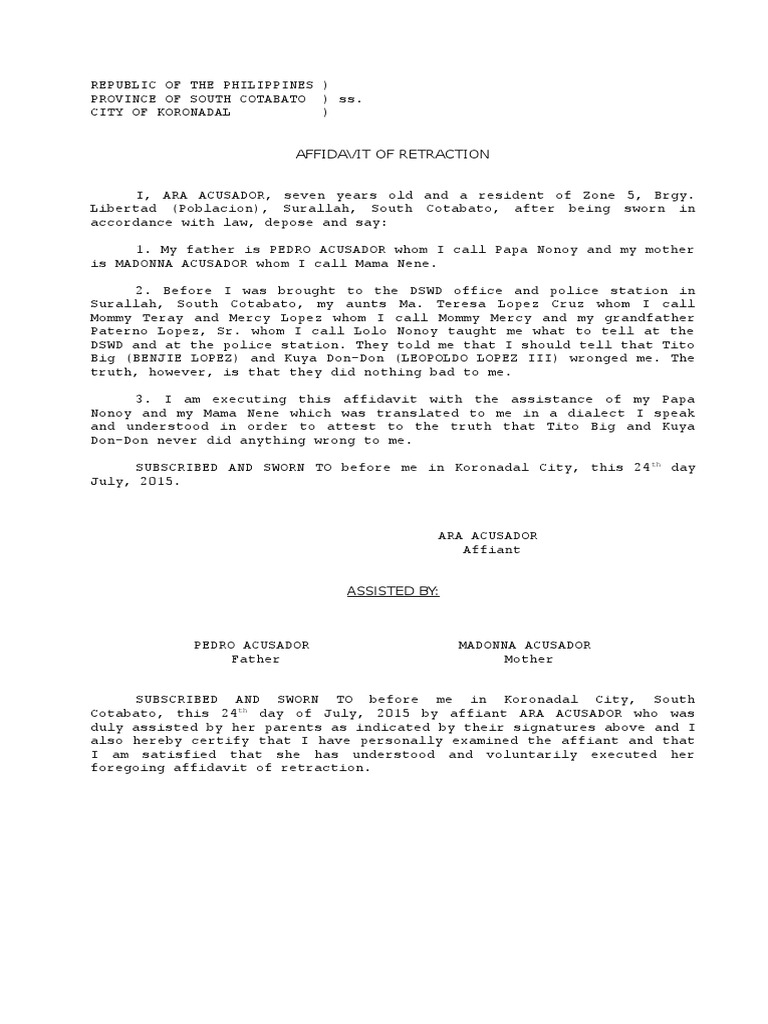 Affidavit of Retraction Sample PDF