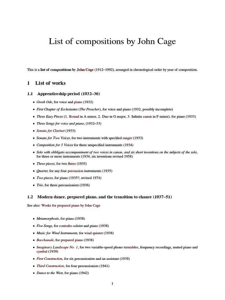 List of Compositions by John Cage Wiki PDF Musical Instruments