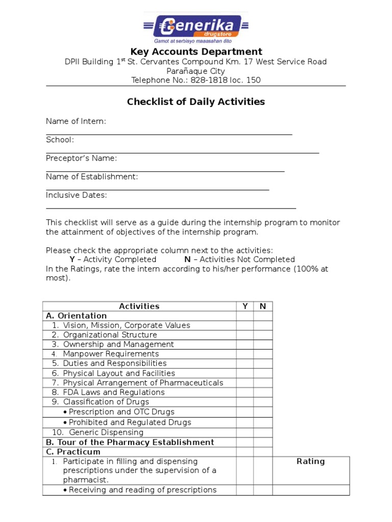 Checklist of Daily Activities | Prescription Drugs | Pharmacy