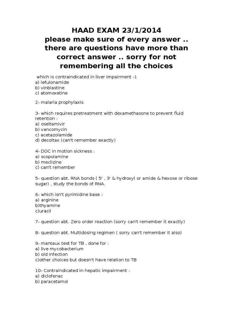 HAAD EXAM 23/1/2014 key questions and answers | PDF | T Helper Cell | Drugs