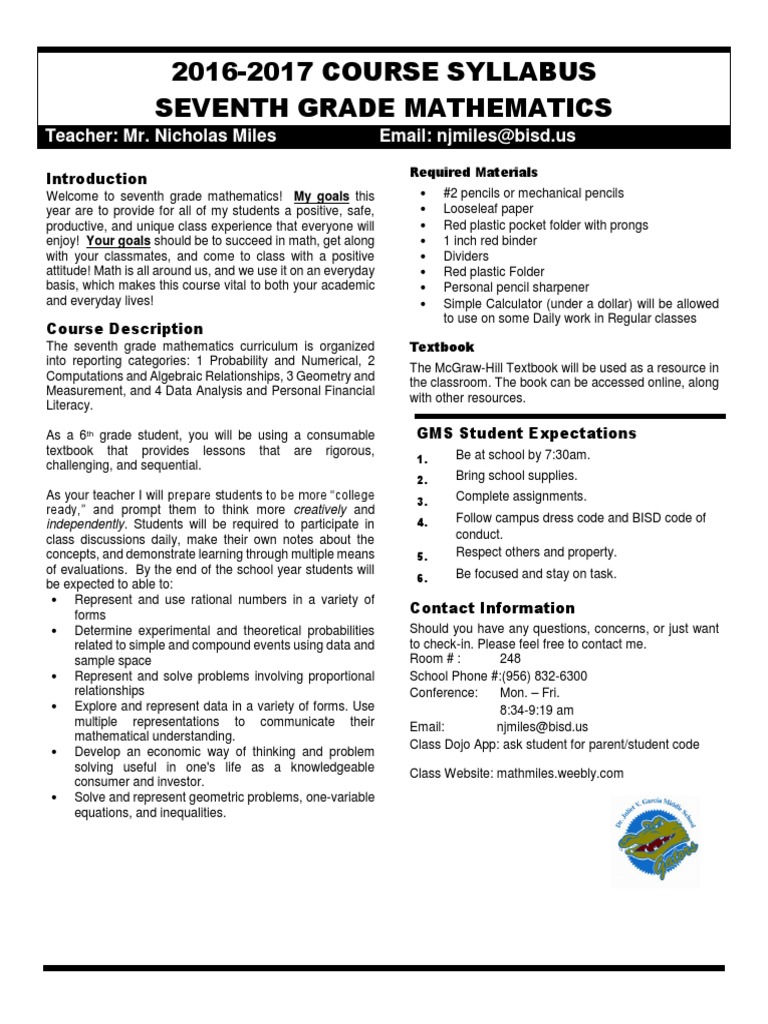 20162017 Syllabus 7th Grade Homework Teaching Mathematics