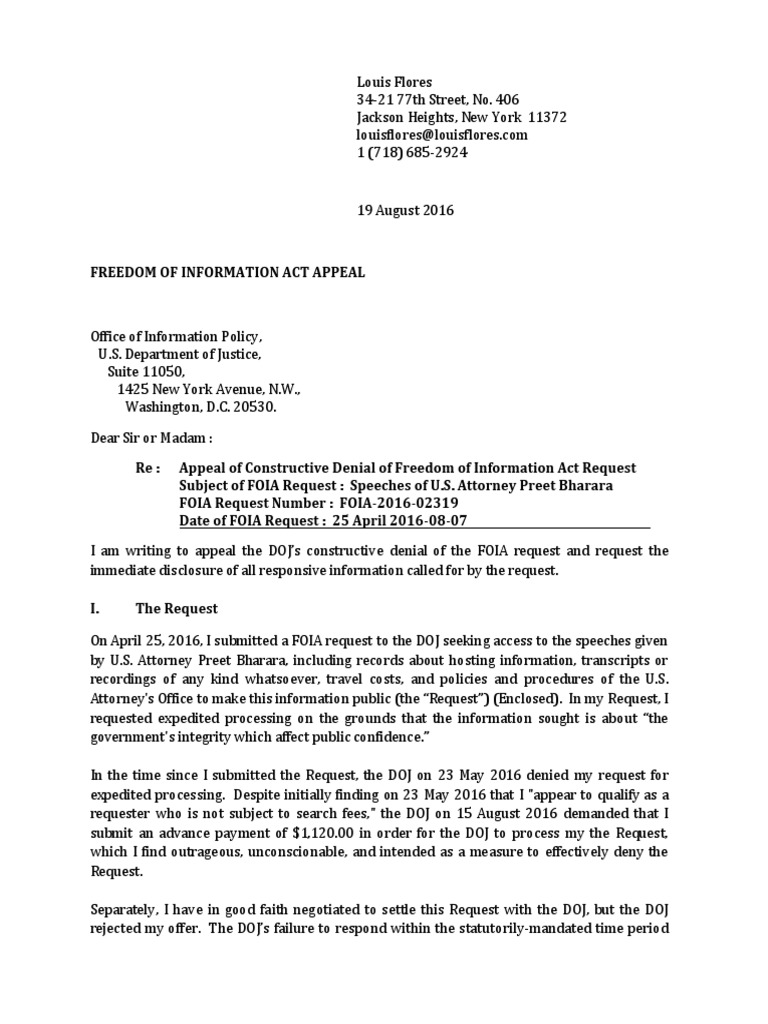 Appeal of FOIA Constructive Denial | PDF | Freedom Of Information Act ...