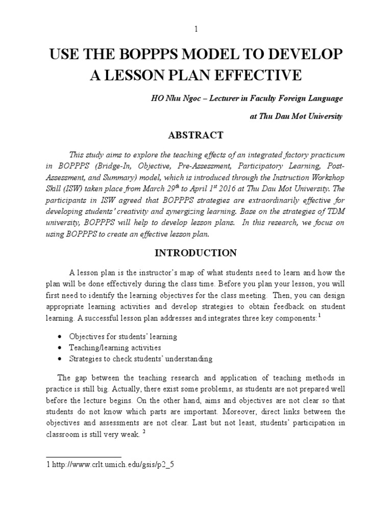 BOPPPS Model for Effective Lesson Planning | PDF | Lesson Plan ...