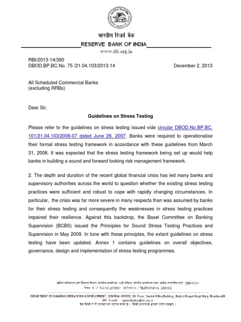 RBI Guidelines on Bank Stress Testing | PDF | Stress Test (Financial ...