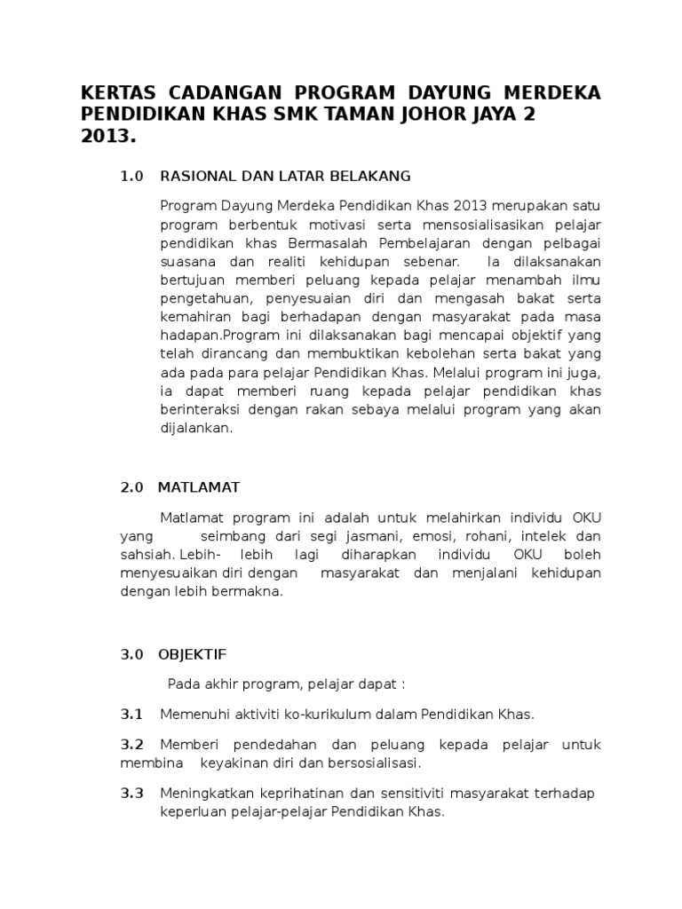 Kertas Cadangan Program Dayung Merdeka Pendidikan Khas Smk Taman Johor Jaya 2 Edit Pdf