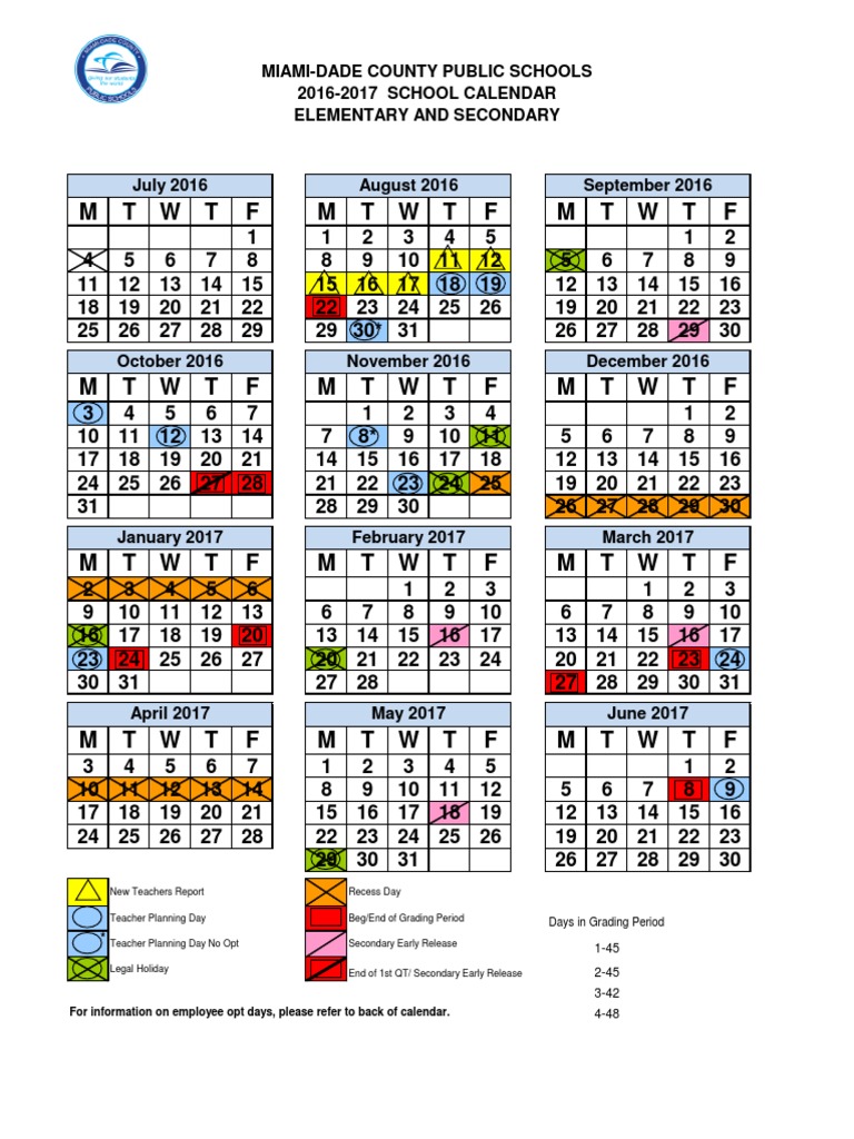 M T W T F M T W T F M T W T F MiamiDade County Public Schools 2016
