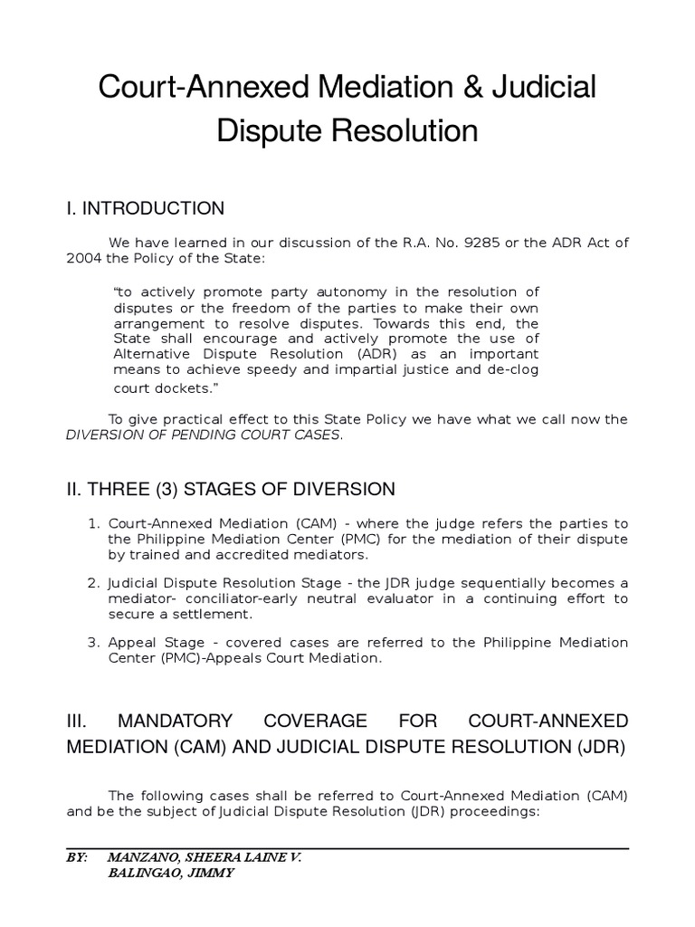 CourtAnnexed Mediation & Judicial Dispute Resolution Diversion of