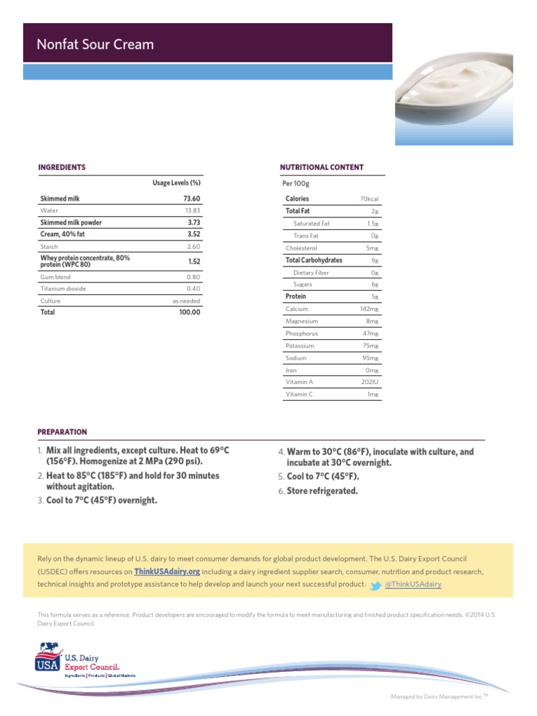 Nonfat Sour Cream Nutritional Content Ingredients PDF