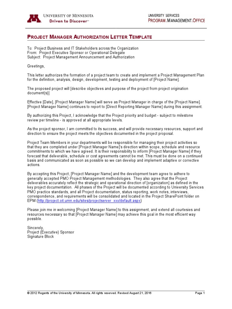 P M A L T: Roject Anager Uthorization Etter Emplate | PDF | Project ...