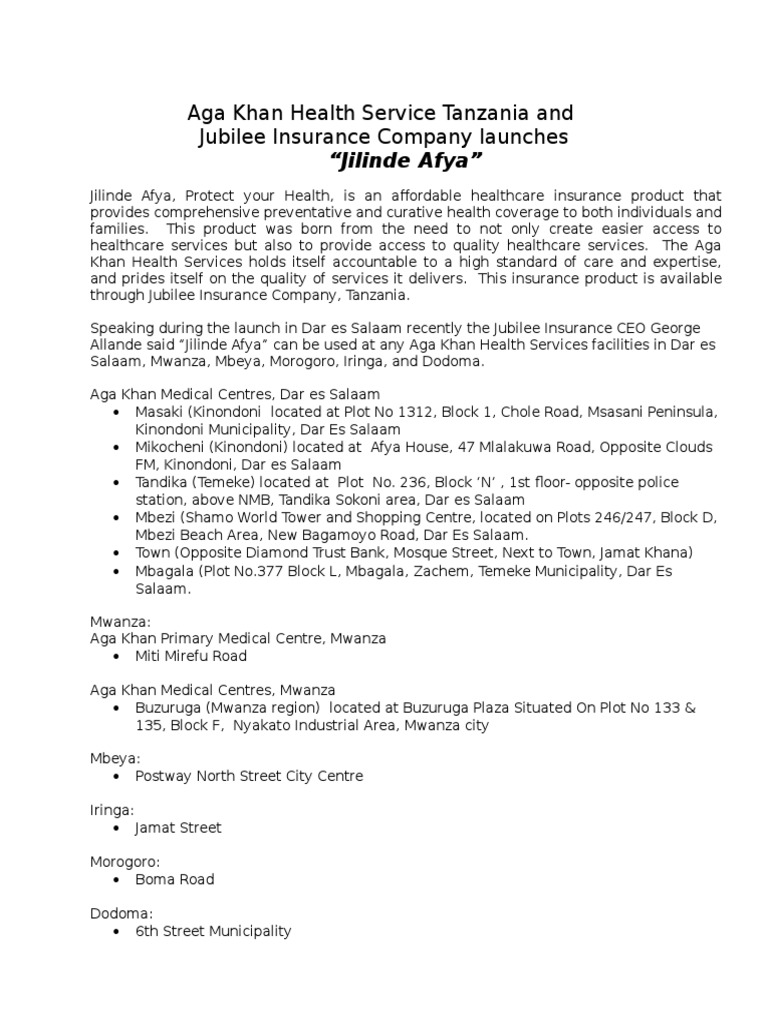 Jubilee Insurance & Aga Khan Launches Jilinde Afya Product Service