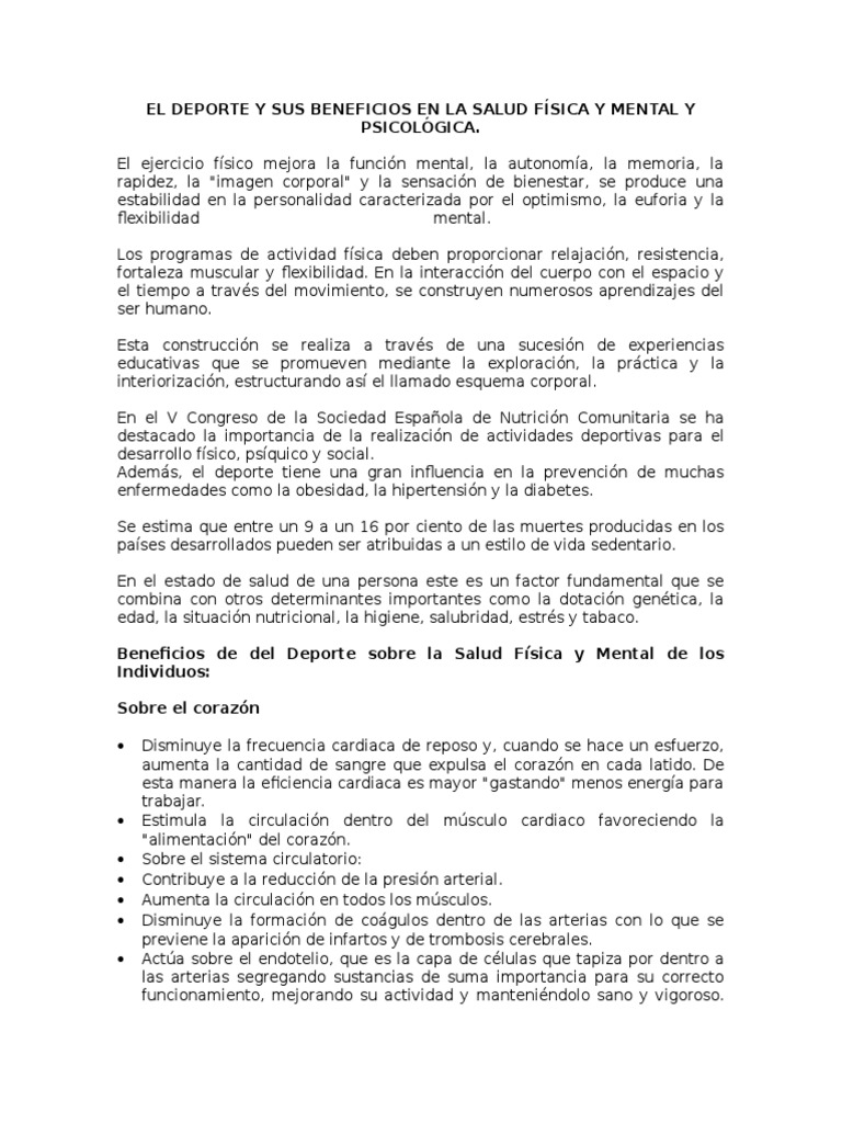 Beneficios del Deporte en Salud Física y Mental | PDF | Ejercicio ...