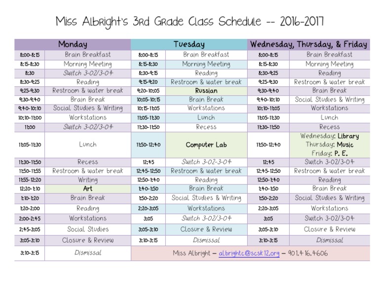 3rd Grade Class Schedule | PDF | Language Arts & Discipline | Religion ...