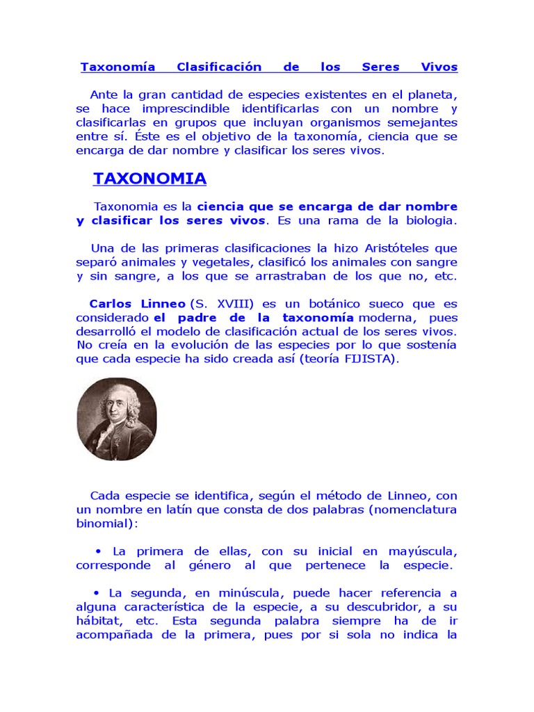 Taxonomía Clasificación De Los Seres Vivos Pdf Clasificación