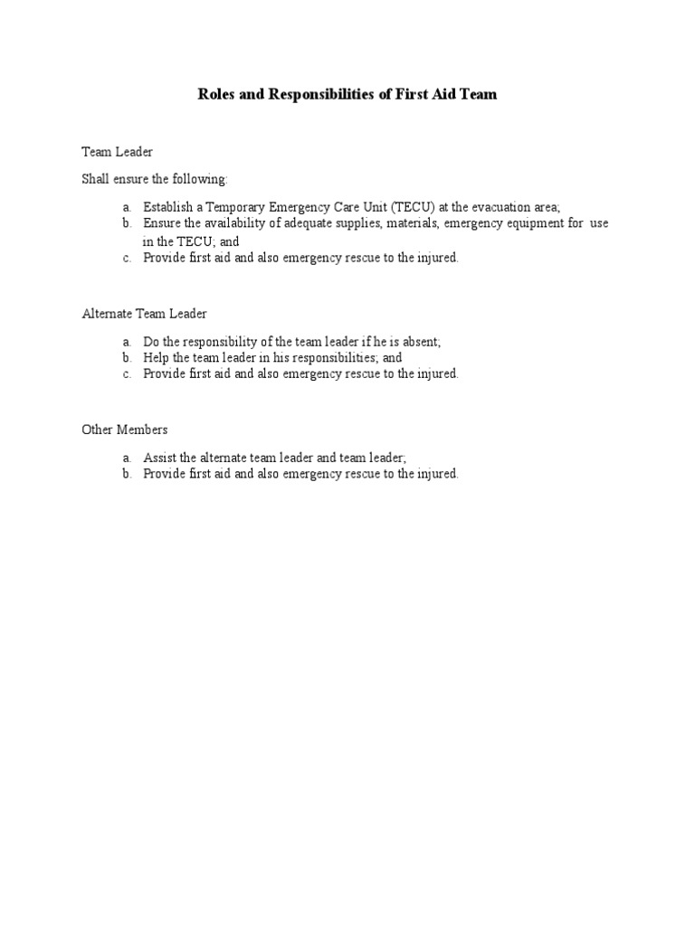Roles And Responsibilities Of First Aid Team | Pdf | Emergency Evacuation |  Emergency Management