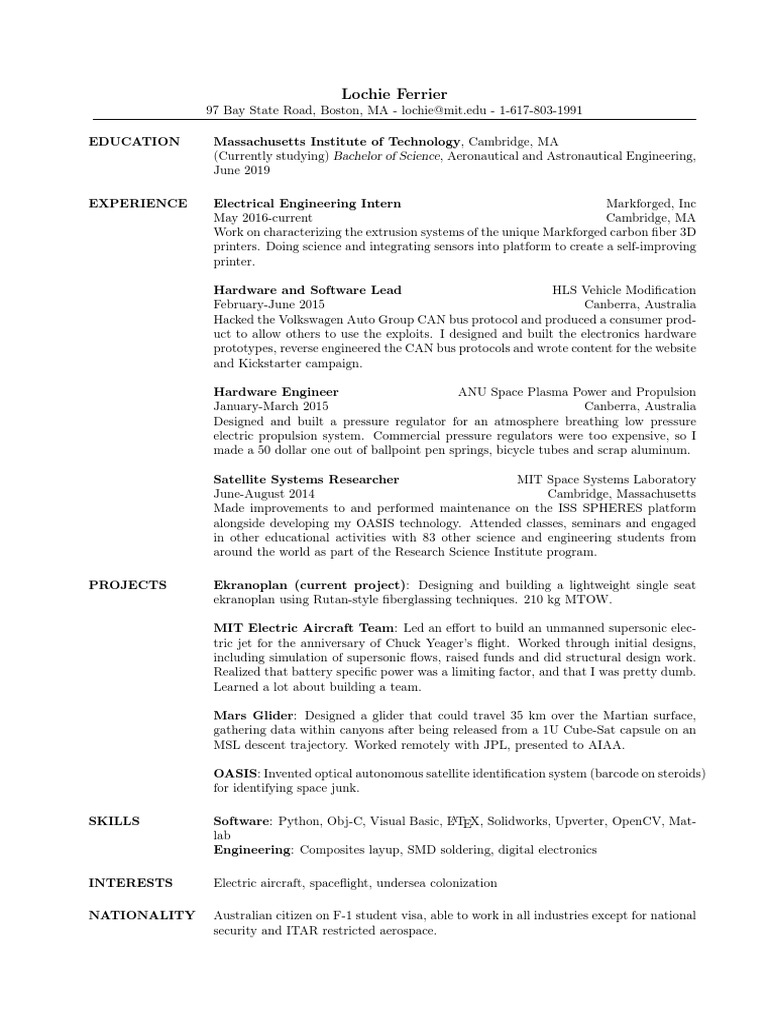 Lochie Ferrier's Resume PDF Aerospace Engineering Massachusetts