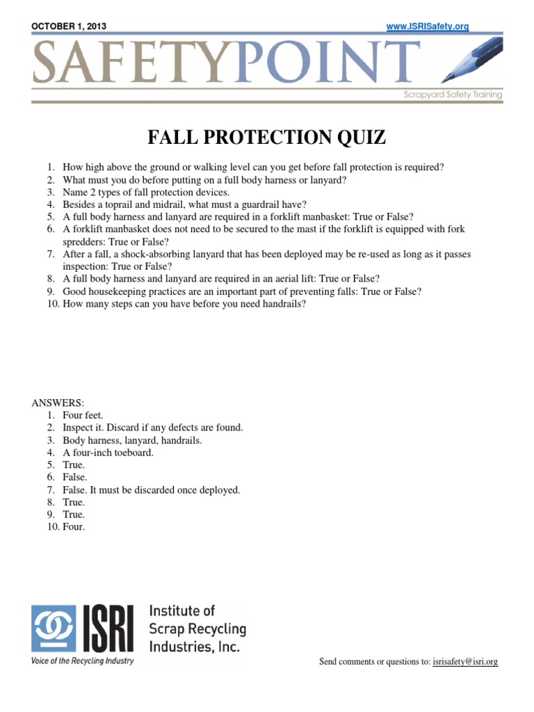 Fall Protection Quiz and Answers | PDF | Business | Technology ...