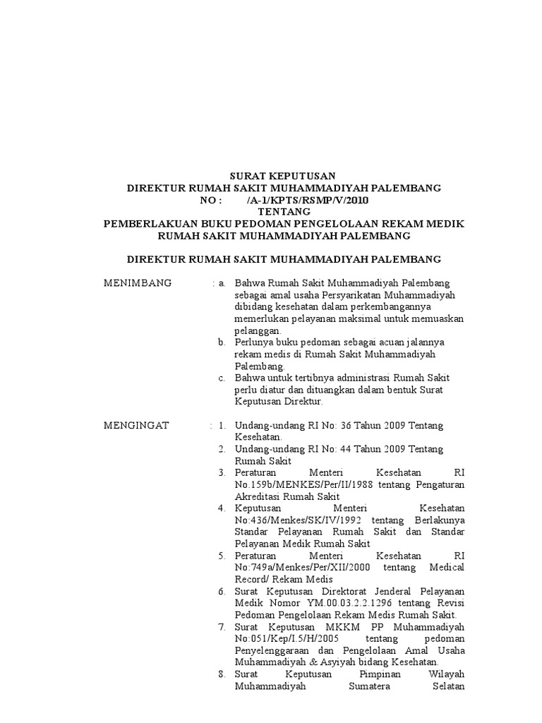 SK Pemberlakuan Rekam Medis RS Muhammadiyah | PDF