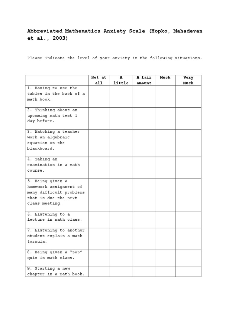 Abbreviated Math Anxiety Scale Questionnaire | PDF