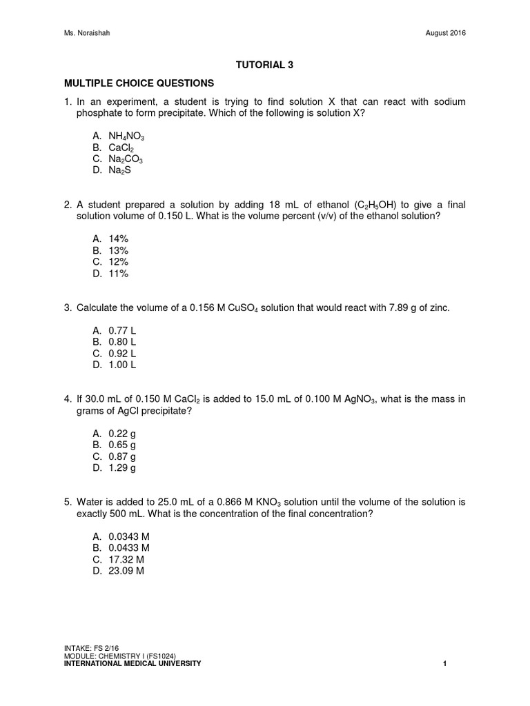 Tutorial 3 Pdf Solution Precipitation Chemistry