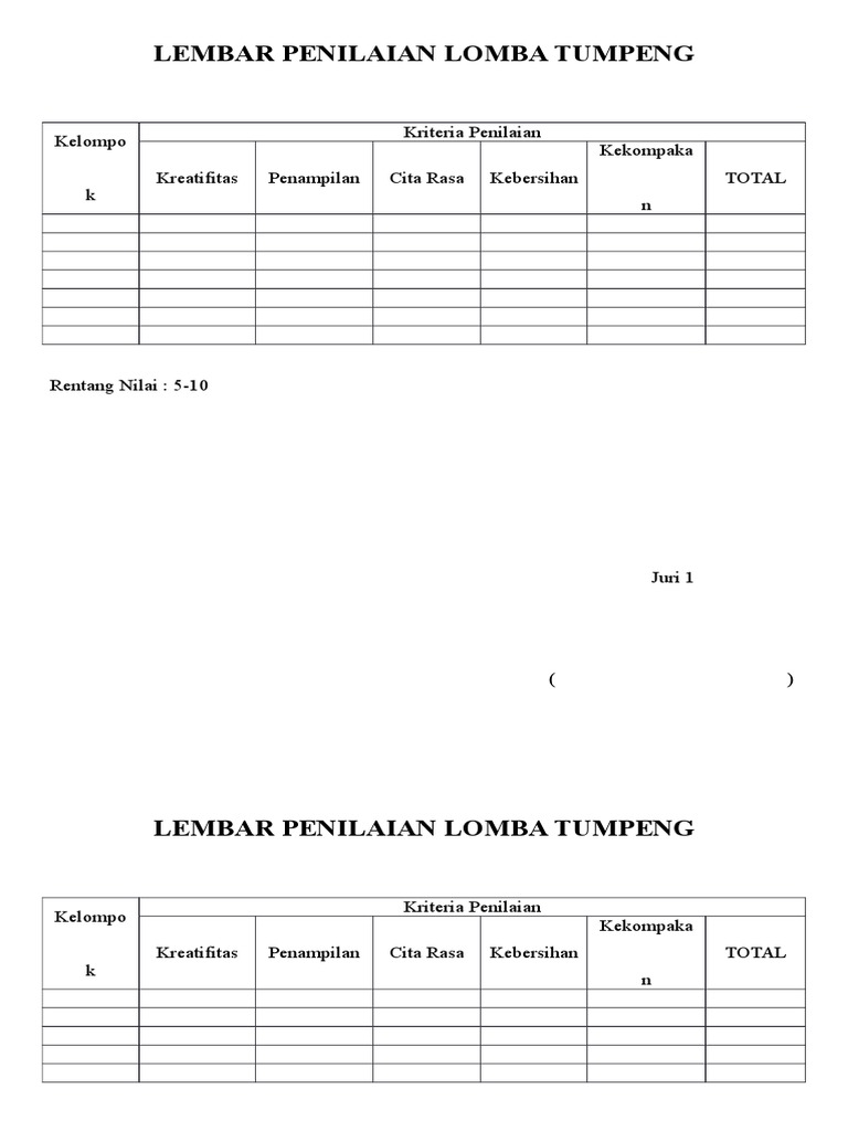 Contoh Tabel Penilaian Lomba Penilaian Dance Cover