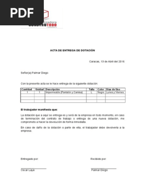 Carta De Entrega De Uniformes A Trabajadores  Para Trabajadores