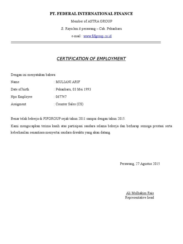 Surat Pengalaman Kerja Fifgroup