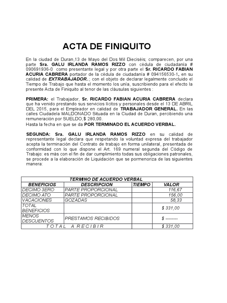 Acta de Finiquito Liquidación Derecho laboral