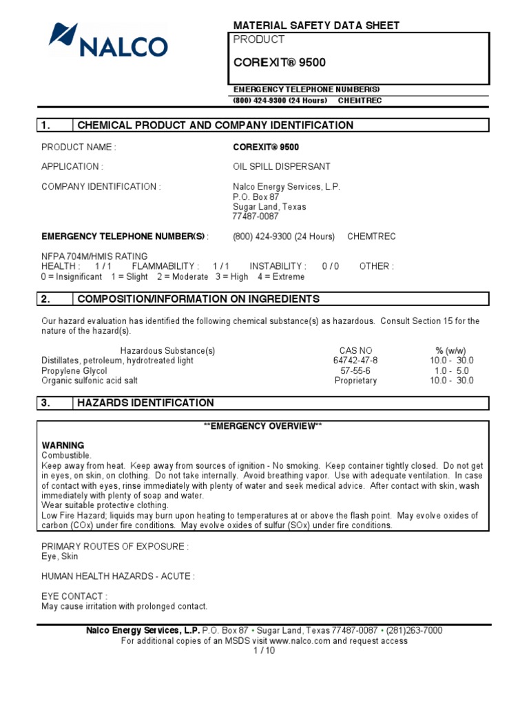 Corexit 9500 - Material Safety Data Sheet - Is Very Dangerous - Gulf ...