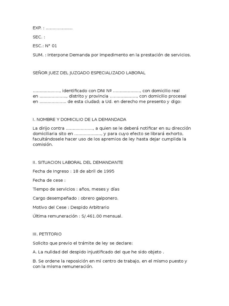 MODELO Demanda Por Despido Injustificado | PDF | Demanda judicial | Virtud