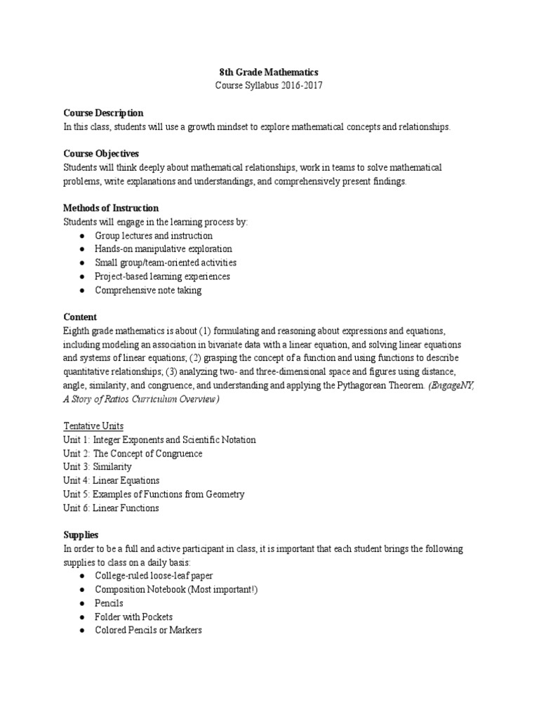 8th Grade Math Syllabus 2016-2017 | PDF | Homework | Academic Dishonesty